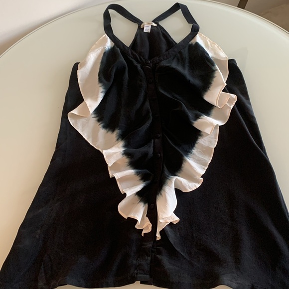 Trinity black and cream ruffle, tie dye sleeveless blouse, size medium. - Picture 3 of 9